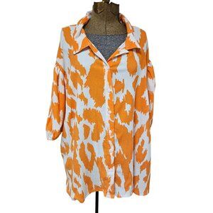 Batia New York Top Womens Size 3XL Orange White Button Up Blouse Balloon Sleeve